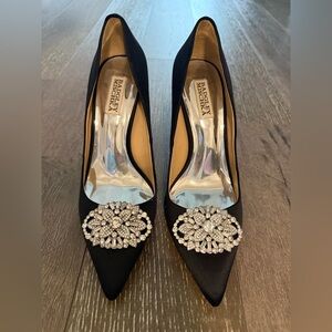 Badgley Mischka Black Satin Heels with Crystal Embellishments